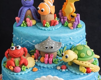 Under the Sea Cake Topper Ocean Party Sea Animals Cake Topper Ocean Creatures Cupcake Topper Boys & Girls Ocean Party Decoration Turtle Fish