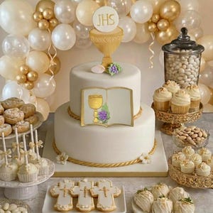 Pode incluir: Um bolo branco de dois andares com detalhes dourados, um cálice e um design de livro aberto. O bolo é rodeado por cupcakes, biscoitos e outras guloseimas, com um arco de balões ao fundo. Decoração para uma celebração religiosa.