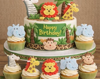 Jungle Safari Baby Tiere, Jungle Animal Cake Topper, Löwe Giraffe Affe Elefant Cake Topper, Zoo Geburtstag Dekoration, Safari Tiere