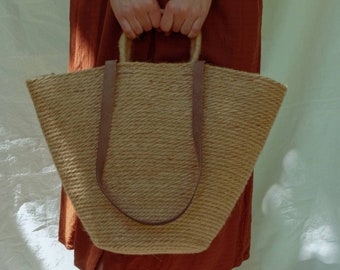Straw Beach Basket Bag, French Market Basket Bag, Leather Handles Beach Bag, Raffia Bohemian Basket Bag, Moroccan Basket Beach Bag