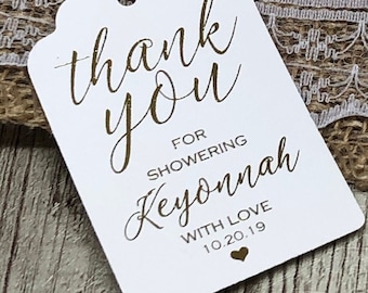 Thank You For Showering, Baby Shower Favor Tags, Bridal Shower Favor Tags, Gold Foil Favor Tags, Thank You Favor Tags Blush Off White Cream+