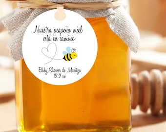 Bee Baby Shower Favor Tags: Honey Jar, Spanish Text 2" Round