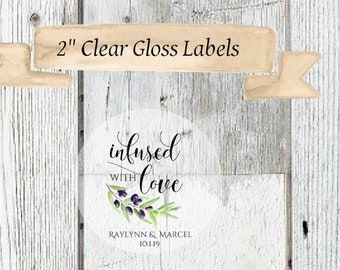 Clear Olive Oil Favor Labels, Wedding Favor Stickers, Infused with Love Favor Stickers, Clear Favor Stickers for Olive Oil, Wedding Stickers