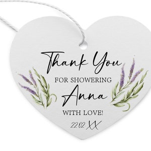 Étiquettes de faveur de douche nuptiale personnalisées de taille 2 3/8", Merci d'avoir pris la douche, étiquettes de faveur sur le thème de la lavande, étiquettes en forme de coeur
