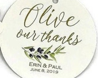 2" Olive our thanks, Olive oil favor tags, Wedding favor tags, Gold foil tags, Olive theme wedding, Tags for Olive Oil Favors