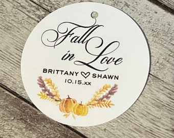 Personalized Fall in Love Wedding Favor Tags: Pumpkin Theme, 2" Size