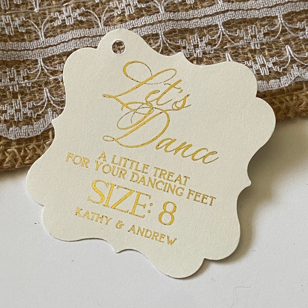 Personalized Gold Foil Wedding Favor Tags: Let's Dance, 2" Round