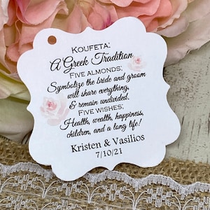 Wedding Favor Tags, Bombonieres Koufeta Favor Tags, Greek Wedding Tradition, Almond favor Tags, Blush Floral Koufeta Tags