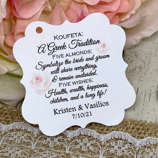 Wedding Favor Tags, Bombonieres Koufeta Favor Tags, Greek Wedding Tradition, Almond favor Tags, Blush Floral Koufeta Tags