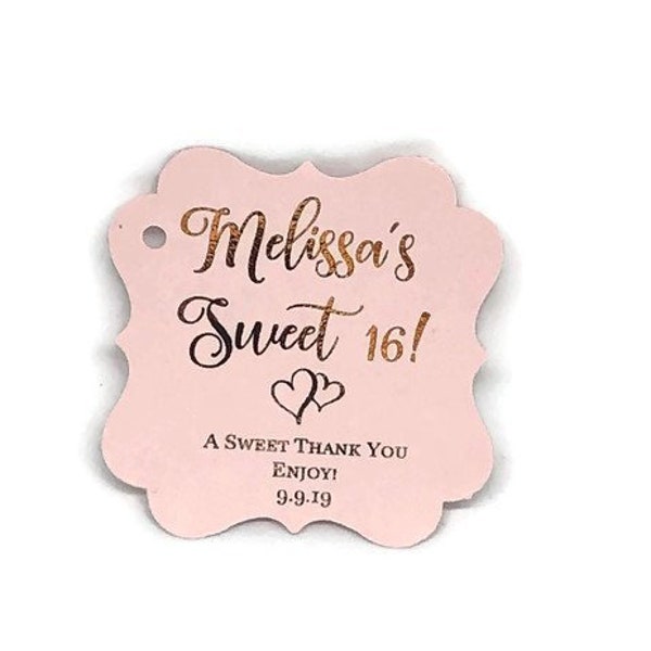 Beautiful 2" Personalized Sweet 16 Gold Foil Tags Foil Favor Tags Hearts Sweet Thank You Blush with Rose Gold Silver Navy Burgundy Cream+