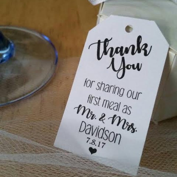 Small 2.3" x  1.4" Thank You Sharing First Meal As Mr Mrs, Wedding Favor Thank You Hang Tags Napkin Cutlery Tags Wedding Tags