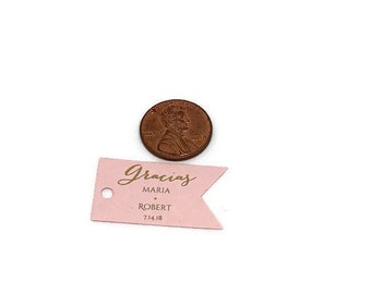 Personalized Gracias Wedding Favor Tags: Small Banner Style, Matte Gold Foil
