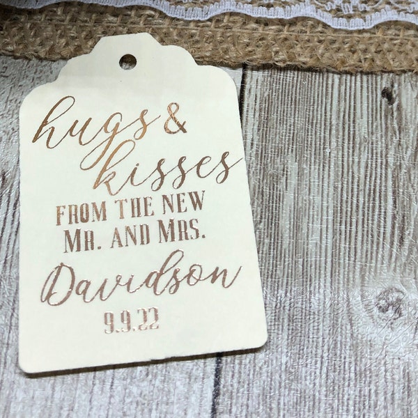 Personalized Wedding Favor Tags, Wedding Tags, Gold Foil Tags, Hugs Kisses New Mr Mrs Favor Tags, Blush Midnight Blue Cream Off White Sand+