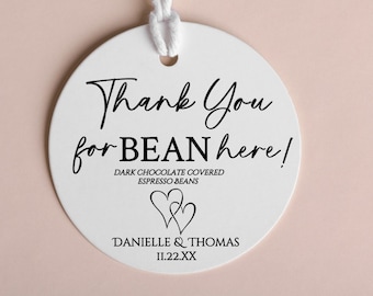 Gold Foil Wedding Favor Tags: Thank You Bean Here, Coffee Bean (2" Sized)