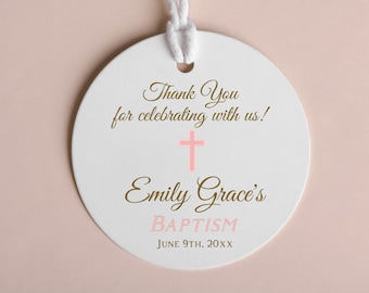 Personalized Baptism Favor Tags: Pink or Blue Cross, Religious Christening, 2" Size
