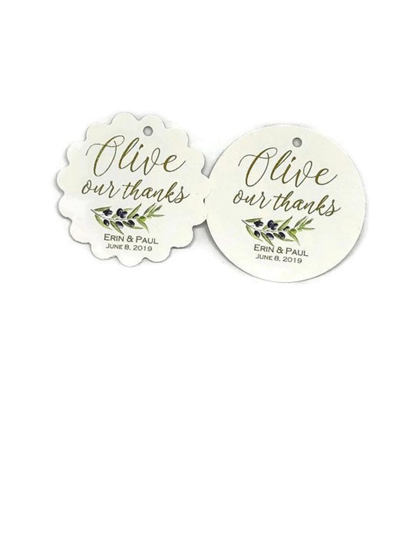 Olive oil favor tags 2 Olive our thanks Gold foil tags Wedding favor tags Olive theme wedding favor tags Gold foil wedding tags