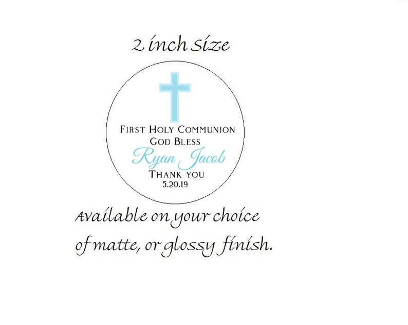 2 Round Matte or Glossy Finish First Holy Communion Favor Labels Thank You Stickers For Communion Baptism Favors Blue Boy Religious Cross
