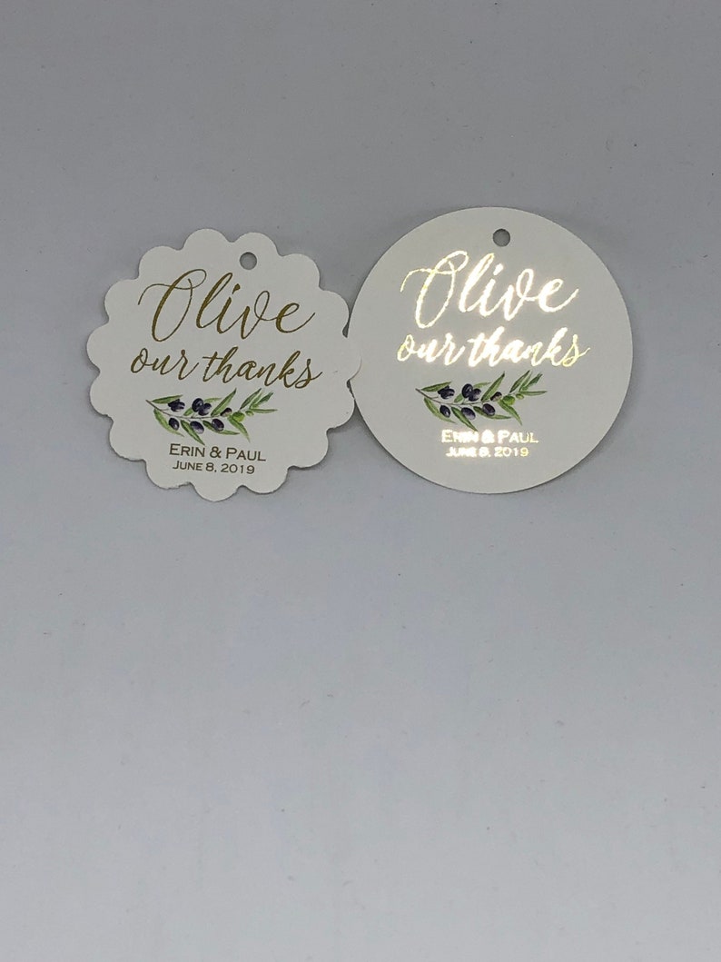 Olive oil favor tags 2 Olive our thanks Gold foil tags Wedding favor tags Olive theme wedding favor tags Gold foil wedding tags