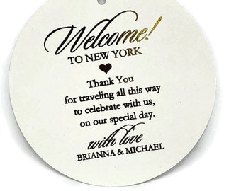 PERSONALIZED 3" Gold Foil Tags for destination wedding welcome favors Hotel favor bags for wedding guests