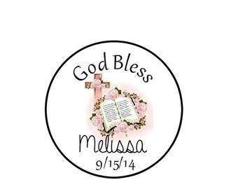 Small .75" Personalized Favor Stickers, Baptism Favor Stickers, Christening Favor Stickers, Communion Favor Stickers, Kisses Favor Stickers