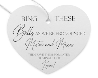 Wedding Favor Tags: Bell Noise Maker,  Ring Bells Kisses,  2 3/8" Size Heart