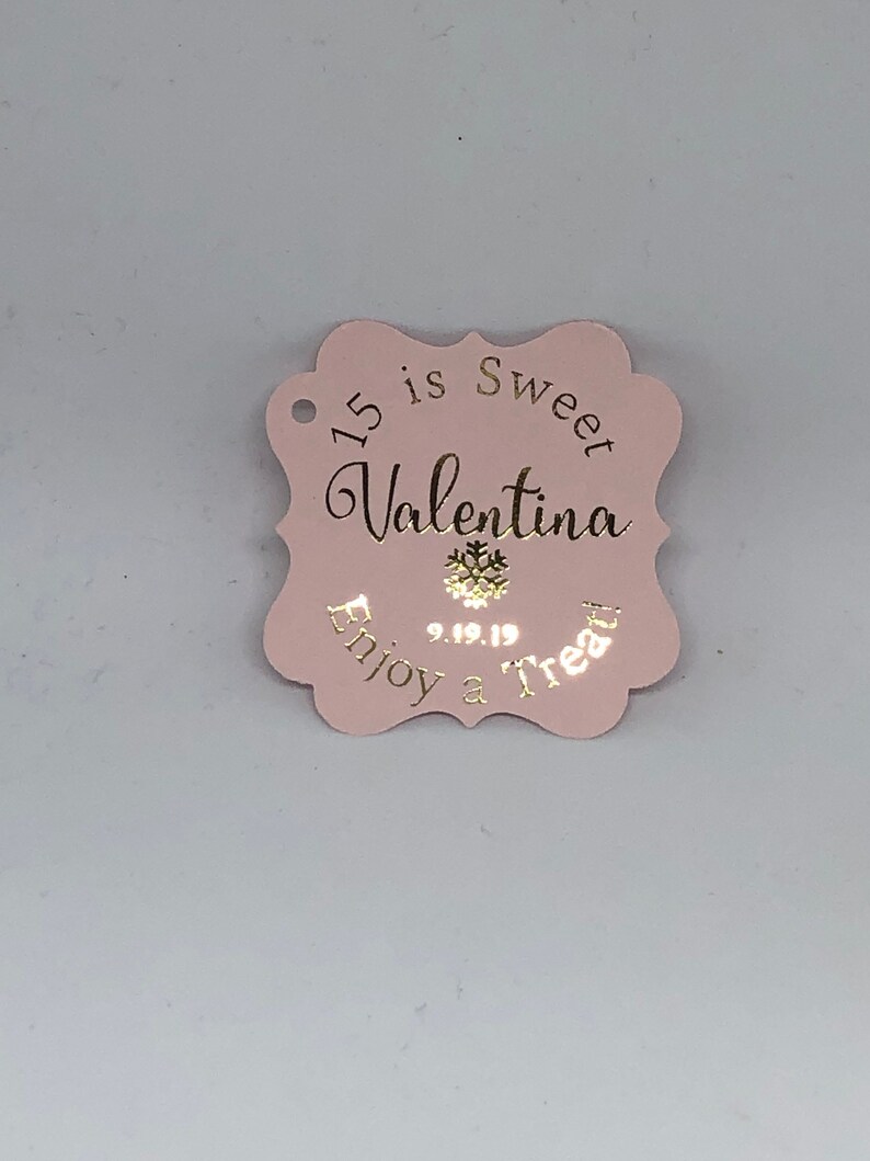 2 Personalized Sweet 15 Snowflake Winter Themed Quinceanera Ms Quince XV Anos Enjoy A Treat Gold Foil Tags Blush Burgundy Favor Tags