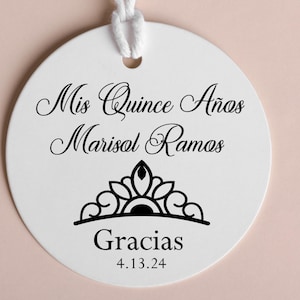 Mis Quince Anos Favor Tags: Tiara Theme, Personalized Spanish Text, 2&quot; Size