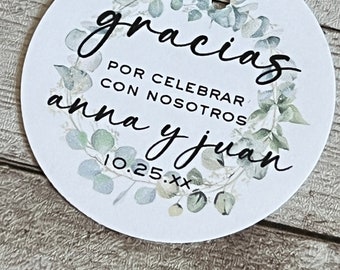 Eucalyptus Wedding Favor Tags: Spanish Text, Gracias, 2" Size