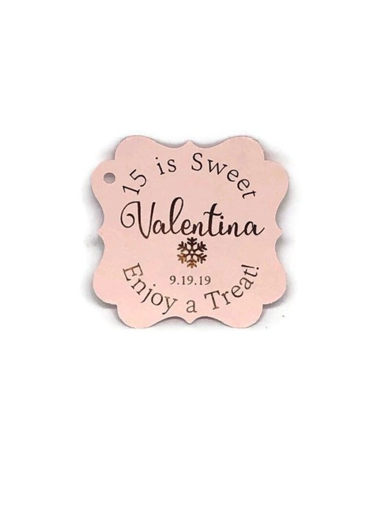2 Personalized Sweet 15 Snowflake Winter Themed Quinceanera Ms Quince XV Anos Enjoy A Treat Gold Foil Tags Blush Burgundy Favor Tags