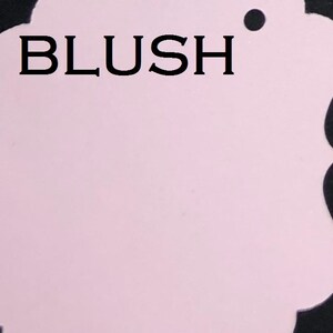 May include: A blush pink blank tag with a scalloped edge and a hole punched in the top right corner. The word "BLUSH" is printed in black at the top of the tag.