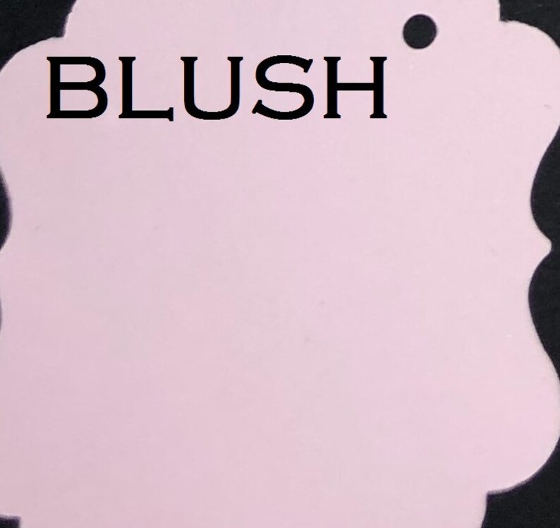 May include: A blush pink blank tag with a scalloped edge and a hole punched in the top right corner. The word "BLUSH" is printed in black at the top of the tag.