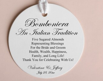 Personalized Gold Foil Wedding Favor Tags: Italian Bomboniera Almond Verse, 2" Round