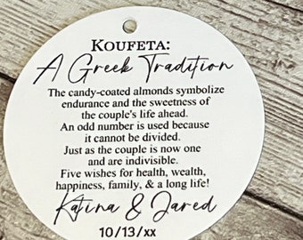 May include: A white circle with black text that reads "KOUFETA: A Greek Tradition". The text explains the tradition of using candy-coated almonds at weddings and the meaning behind the tradition. The circle also includes the names "Katina & Jared" and the date "10/13/xx".