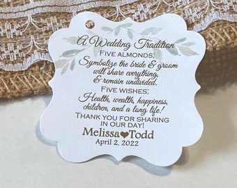 Wedding Favor Tags, Gold Foil Tags, Greenery Almond Tradition Favor Tags, Five Almond Wedding Verse Favor Tags