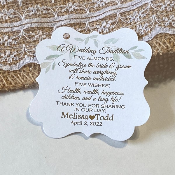 Wedding Favor Tags, Gold Foil Tags, Greenery Almond Tradition Favor Tags, Five Almond Wedding Verse Favor Tags