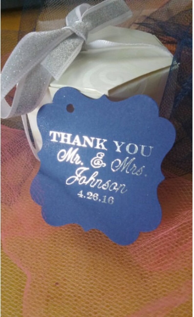 2 PERSONALIZED Thank You Navy Blue with Silver Foil Embossed Wedding Favor Tags Flourish Square Thank You Gift Tag