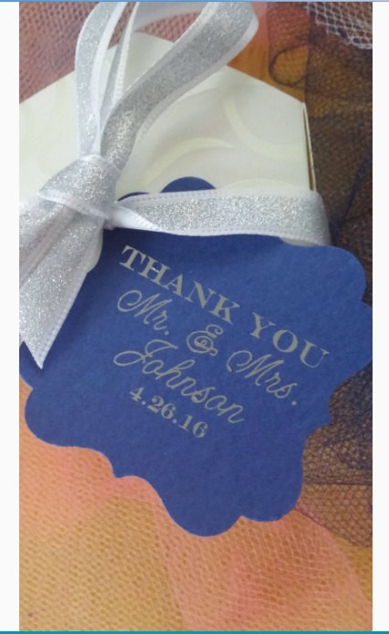 2 PERSONALIZED Thank You Navy Blue with Silver Foil Embossed Wedding Favor Tags Flourish Square Thank You Gift Tag