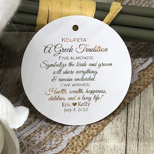 Tradition grecque koufeta de 2 1/4 po., Cinq amandes, cinq voeux, Étiquettes de faveur Amande, Étiquettes de mariage, Étiquettes de faveur de mariage, Étiquettes en feuille d'or, Étiquettes à paillettes