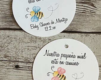 Bee Baby Shower Favor Tags: Spanish Text, Honey Theme, 2" Round