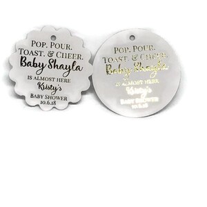 2&quot; Personalized Round or Scalloped Round Ready Pop Baby Shower Sprinkle Favor Tags Gold Foil Tags Foil Champagne Favor Tags Ready Pop