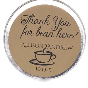 Autocollants personnalisés ronds kraft bruns rustiques de 2 po. Merci pour le grain de café ici, étiquettes de faveur de mariage, étiquettes de mariage