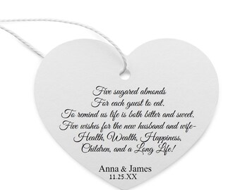 Personalized Wedding Almond Favor Tags: Five Almonds Wish, 2 3/8" Heart Shape