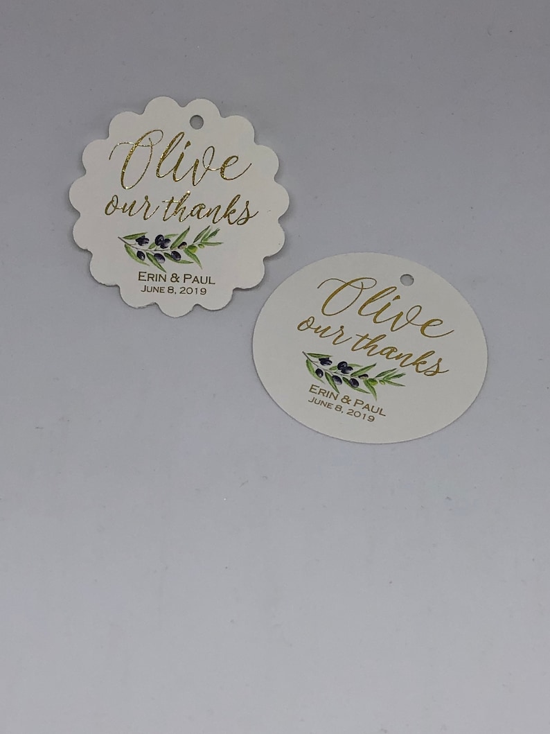 Olive oil favor tags 2 Olive our thanks Gold foil tags Wedding favor tags Olive theme wedding favor tags Gold foil wedding tags