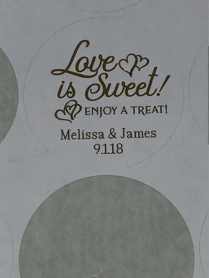 2 Round Gold Foil Labels Stickers Foil Stickers Love is Sweet Real Foil Wedding Labels Real Foil Labels Blue Rose Gold Silver Pink Teal image 2