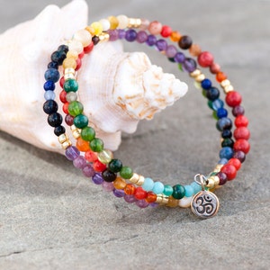 Yoga Bangle, Chakra Bracelet, Bronze Om Charm, Rainbow Bracelet, Multi-Color Natural Stone, Memory Wire, Zen Bracelet, 7 Chakra Colors image 5