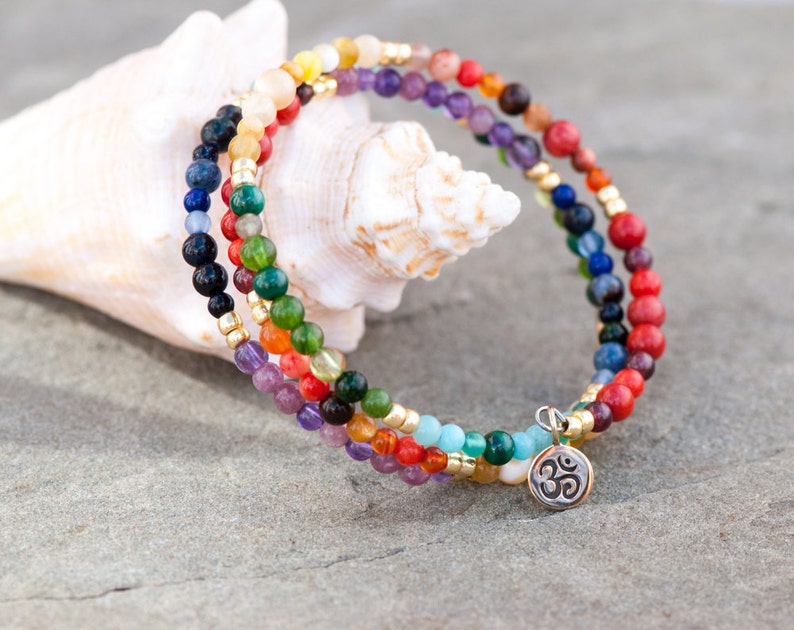 Yoga Bangle, Chakra Bracelet, Bronze Om Charm, Rainbow Bracelet, Multi-Color Natural Stone, Memory Wire, Zen Bracelet, 7 Chakra Colors image 5