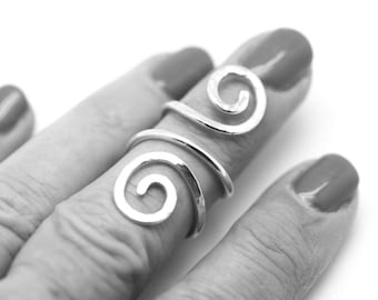 Splint Ring, Sterling Silver Adjustable Ring, Thumb Ring, Knuckle Ring, Double Swirl Ring, Textured Silver Ring, Hammered Sterling Ring