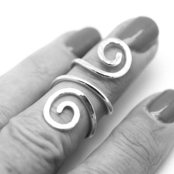 Splint Ring, Sterling Silver Adjustable Ring, Thumb Ring, Knuckle Ring, Double Swirl Ring, Textured Silver Ring, Hammered Sterling Ring