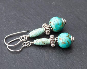 Turquoise and Sterling Silver Bead Earrings, Turquoise Natural Stone, Southwestern Rustic Dangles, 925 Sterling Silver French Ear Wires