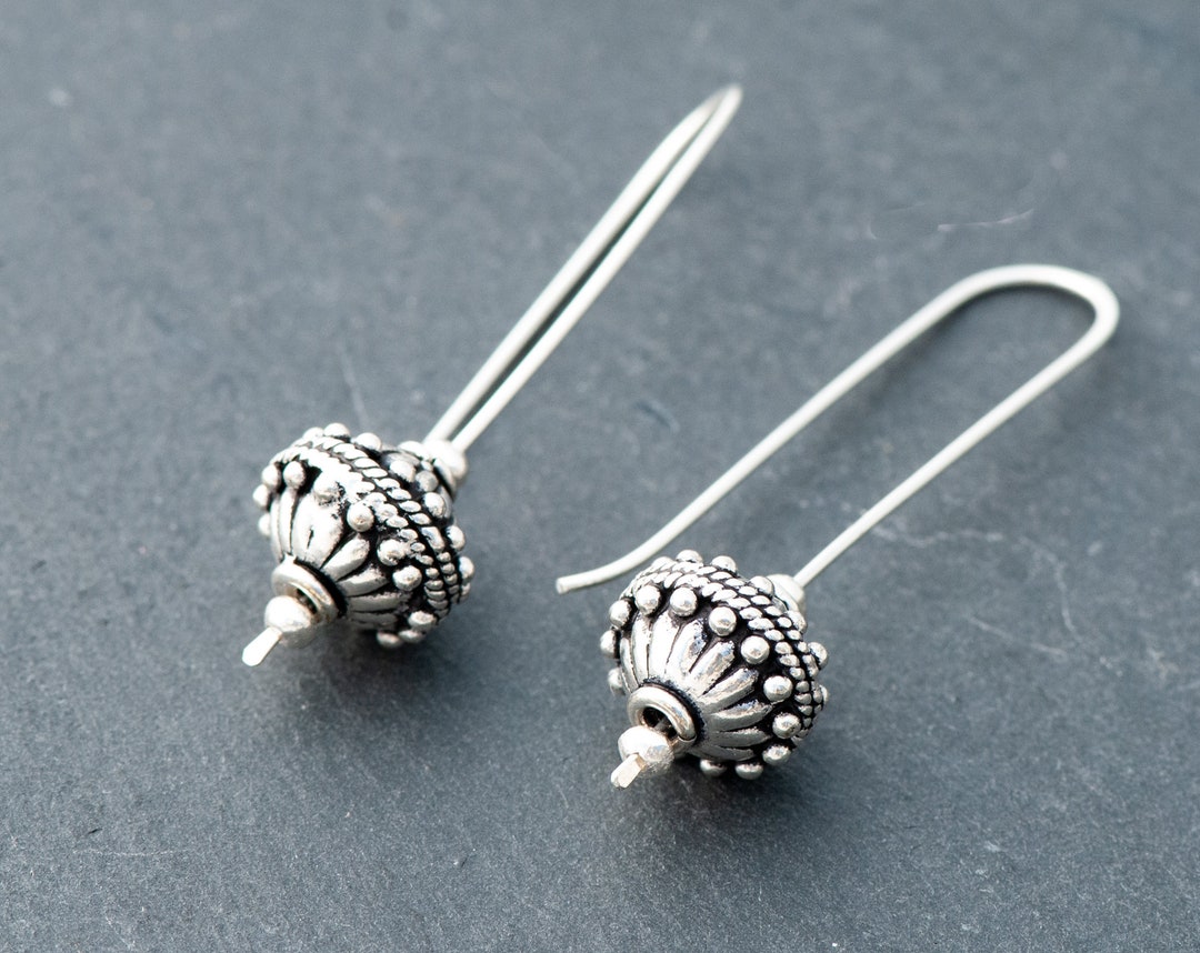 Long Sterling Silver Bead Earrings, Handmade 925 Sterling Silver French